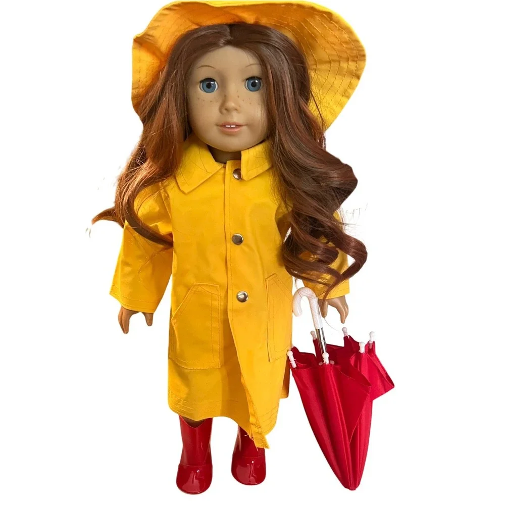 Yellow Doll Raincoat Set with Red Boots and Umbrella for 18 Inch Dolls